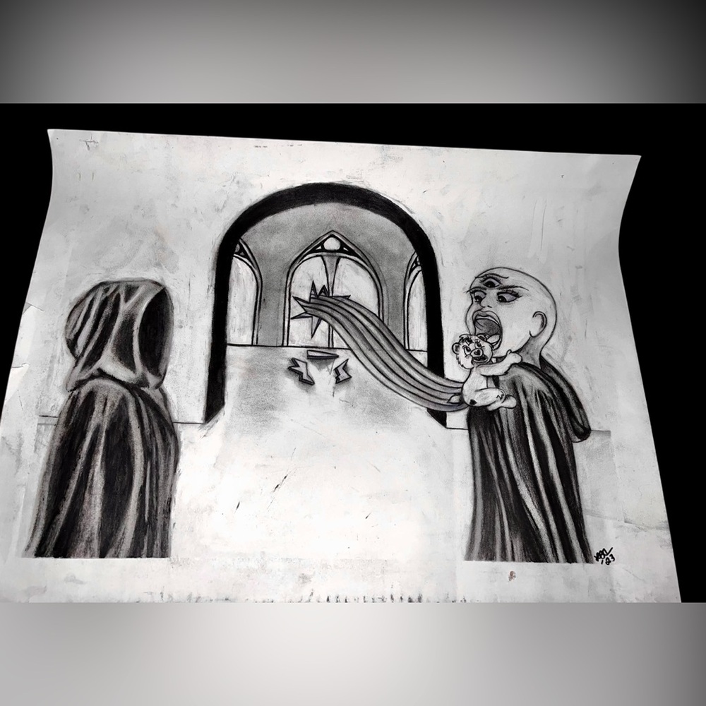Original 18x24” charcoal drawing signed artist Carebear meets Momma surreal Art
